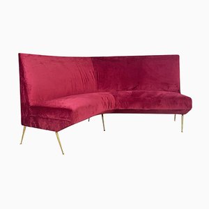 Italian Modern Curved Sofa in Cherry Velvet and Brass, 1950s