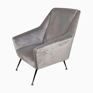 Italian Modern Armchair in Light Gray Velvet with Black Metal Legs, 1960s