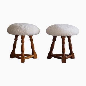 Set of Danish Modern Tripod Stools with Lambswool Seats, 1950s