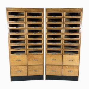 Vintage Oak and Beech Shop Haberdashery Storage Cabinets, 1950s, Set of 2