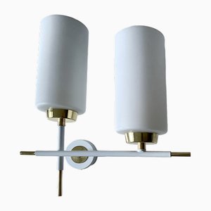 Architectonic Sconces in Brass & Opaline Glass, 1960s, Set of 2