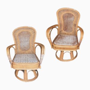 Vintage Spanish Bamboo and Wicker Swivel Armrest Chairs, Set of 2