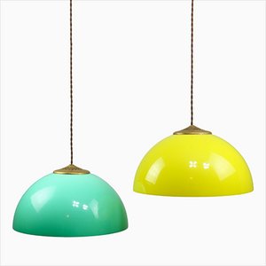 Mid-Century Italian Brass and Acrylic Glass Pendant Lamps, Set of 2