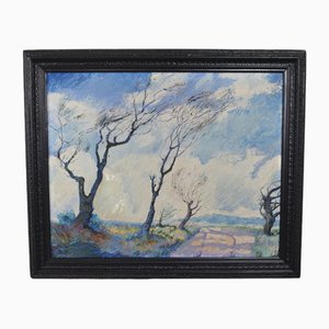 Artista europeo, paisaje impresionista, óleo sobre tabla, años 50, enmarcado
