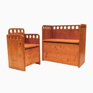 Scandinavian Pine Wood Childs Chair and Bench, 1960s, Set of 2