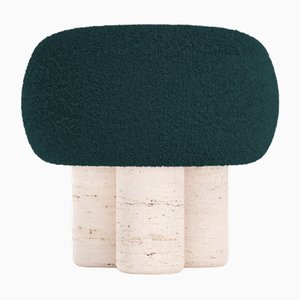 Tabouret Hygge en Tissu Bleu Nuit Bouclé et Travertino par Saccal Design House pour Collector