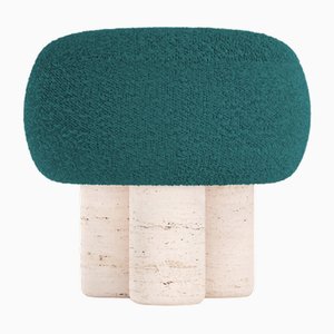 Tabouret Hygge en Tissu Bleu Océan Bouclé et Travertino par Saccal Design House pour Collector