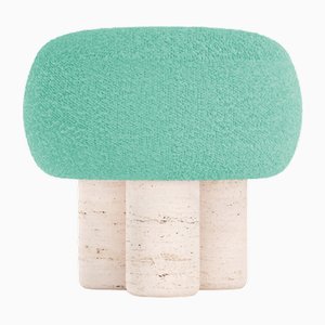 Hygge Stool in Boucle Teal Fabric and Travertino by Saccal Design House for Collector