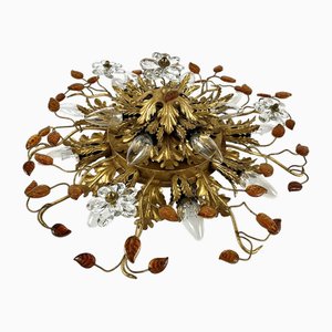 Ceiling Lamp with Golden Leaf with Murano Glass Flowers by Banci Firenze, Italy, 1960s