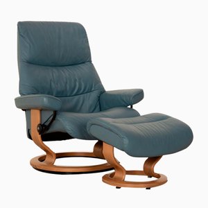 Leather Armchair in Light Blue and Stool