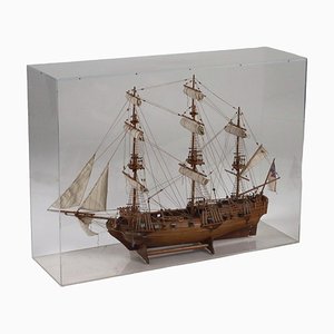 Wooden Sailing Ship in Display Case