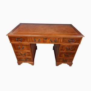 Vintage Twin Wooden Pedestal Desk in Yew Wood with Leather Top