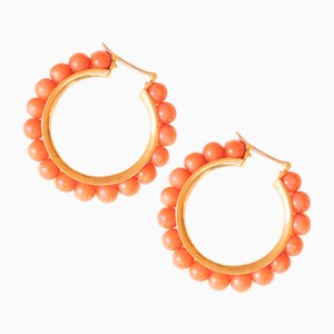 Vintage 18k Yellow Gold Hoop Earrings with Orange Coral Spheres, 1960s, Set of 2