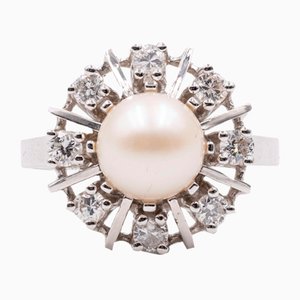 Anillo con margaritas vintage de diamantes y perlas de oro blanco de 0,50 k, años 60