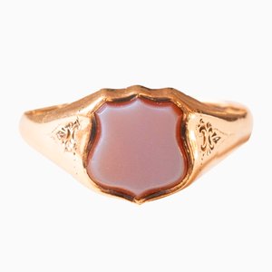 Antique 9k Yellow Gold Signet Ring with Agate, Early 20th Century