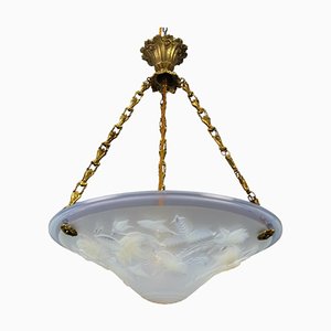 French Art Deco Opalescent Glass Pendant Light with Roses by Pierre Maynadier, 1920s