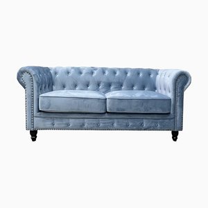 Chester Premium Two-Seater Sofa in Dusky Blue Velvet by Europa Antiques