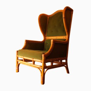 Mid-Century Wing Sessel aus Bambus & Olivgrünem Samt, 1960er