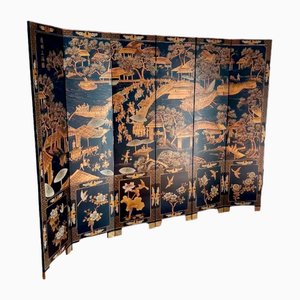 Biombo chino vintage de seis paneles lacado en negro y dorado