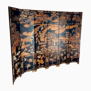 Schwarzer und vergoldeter chinesischer Vintage 6 Panel Bodenschirm