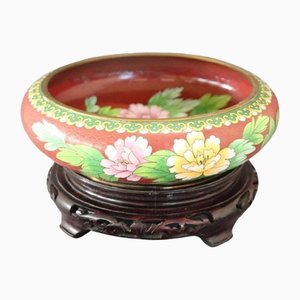 Cloisonne Bowl on Wooden Stand, 1980s, Set of 2