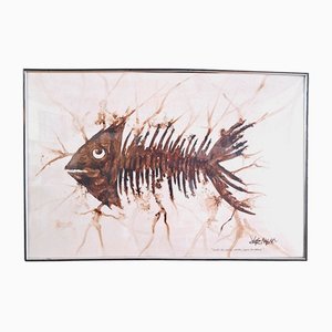 Spanish School Artist, Neo Primitive Figuration of Fish Bone, Mixed Media on Paper, 2000s