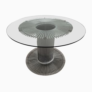 Mesa de comedor italiana de pedestal de cromo y vidrio de Verner Panton, años 70