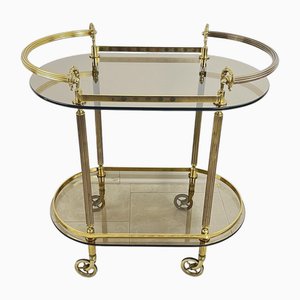 Mid-Century Oval Trolley in Brass and Smoking Glass, 1950s