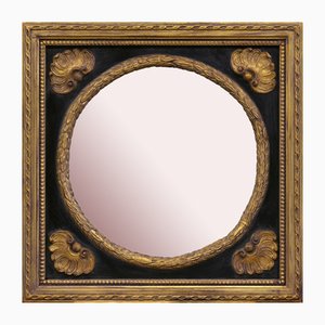 Vintage Round Ebony and Gold Leaf Wall Mirror, Italy