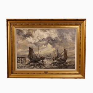 Emile Lammers, Paesaggio marino con barche, 1960, Olio su tela, con cornice