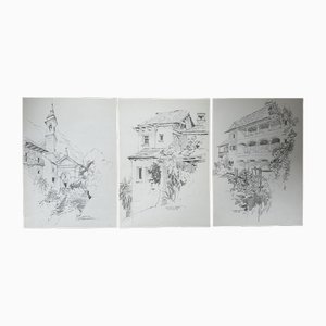 Jan Kristofori, Schweizer Motive/Tessiner Häuser, Original Bleistiftskizzen, 3er Set