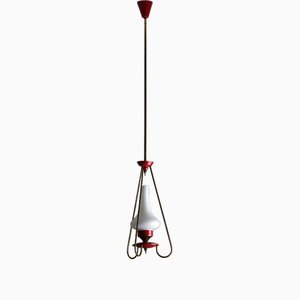 Mid-Century Italian Pendant Lamp in Red Metal and Opaline Glass, 1950s