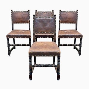 Chaises Louis XIII en Chêne et Cuir, 20ème Siècle, Set de 4