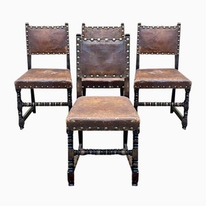 Louis XIII Chairs in Oak and Leather, 20th Century, Set of 4