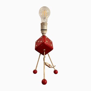 Lampe de Bureau Atomic Tripode Dice Rouge et Crème, États-Unis, 1950s