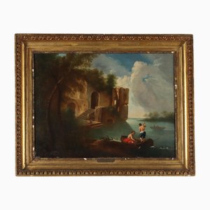 Jean-Baptiste François Pater, Paysage avec Rivière et Barques, Huile sur Toile, Encadrée