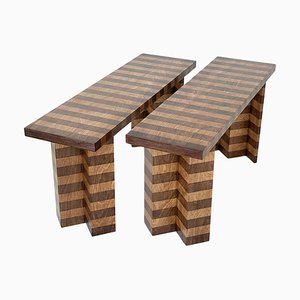 Striped Oak Twin Benches by Goons, Set of 2