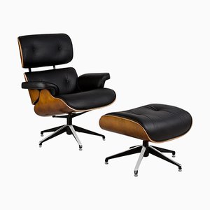 Black Leather Lounge Chair and Footrest by Thai Natura, Set of 2