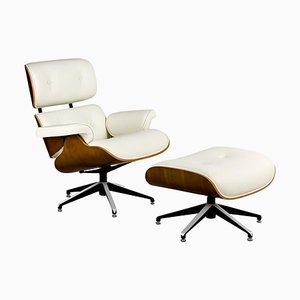 White Leather Lounge Chair and Footrest by Thai Natura, Set of 2