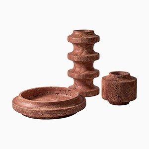Haut Vase, Bol et Pot en Travertin Rouge par Etamorph, Set de 3