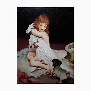 Artista di scuola spagnola, Ragazza con il cane, XX secolo, Dipinto, Incorniciato