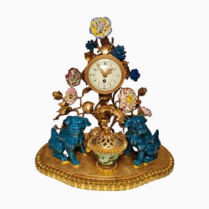 Horloge Style Chinosoiserie en Bronze Doré et Porcelaine, 1880s