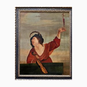 Artista di scuola spagnola, musicista ubriaco, XX secolo, olio su tela, con cornice