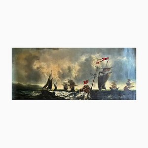 Artista di scuola spagnola, Battaglia navale, XIX secolo, Olio su tela