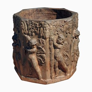 Cache-pot Octogonal avec Putti en Terre Cuite de Toscane, 20ème Siècle