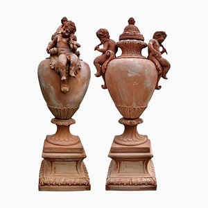 Grands Vases Baroques avec Putti en Terre Cuite, Fin du 19ème Siècle, Set de 2