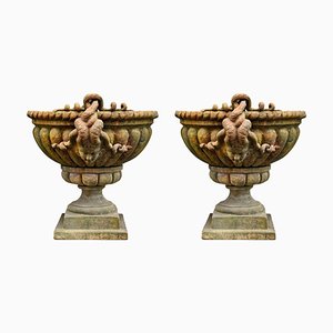 Baccellato Vasen mit Medusa Köpfen aus Terrakotta, 19. Jh., 2er Set