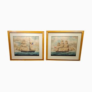 Ships, Watercolors, 1900, Framed, Set of 2