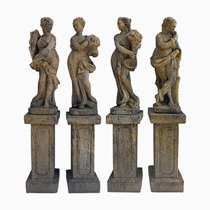 Statues de Jardin en Pierre Four Seasons avec Socle, Set de 4
