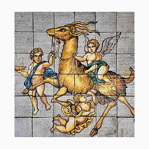 Pannello di fine XIX secolo in maiolica con capra e putti